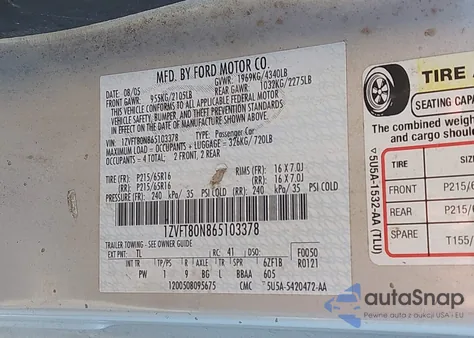 2006 Ford Mustang V6 из США, поврежденный, VIN 1ZVFT80N865103378